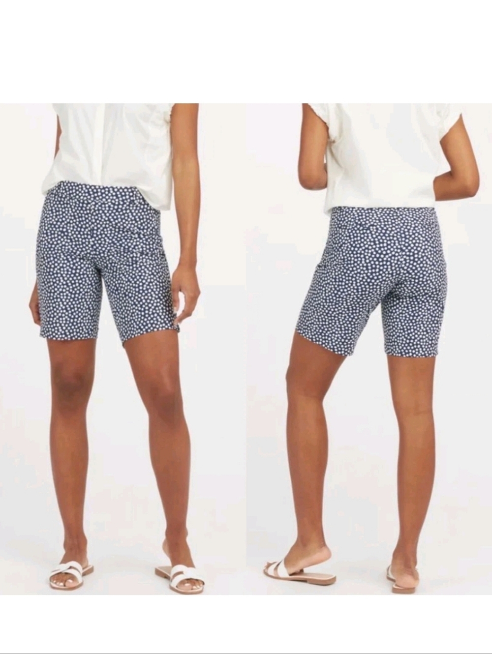Spanx Sunshine 10 Inch Bermuda Pull On Large UPF Sun Protection Navy And White